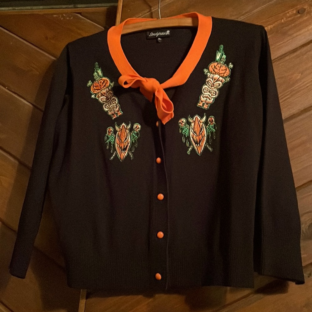 DISO!!!  SMALL or MED Sourpuss Spooksville Hallow-tiki Cardigan Sweater